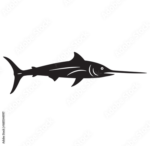 Silhouette depiction of a majestic swordfish against a bright white background for design use.