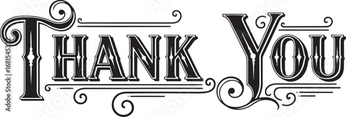 Close-up view of a monochrome 'Thank You' inscription. The text features a stylized, ornate typeface with decorative flourishes and embellishments on either side.