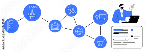 Checklist, factory, warehouse, airplane, truck, globe, shopping cart interconnected flow. Manager analyzing data tracking logistics. Ideal for logistics management analysis monitoring