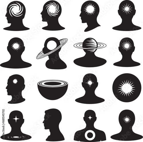 Silhouette heads with abstract internal elements and celestial bodies profile