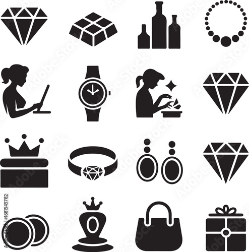 Silhouette icons of jewelry, luxury items and personal accessories diamond ring