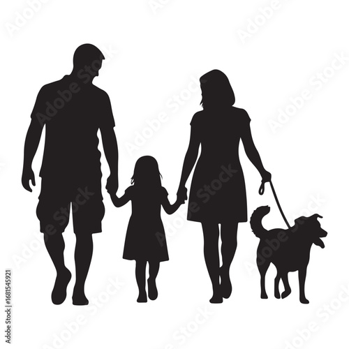 Silhouette of a family with a dog walking together on a white background people