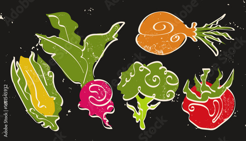 collection of illustrations vegetables corn beet broccoli onion tomato textured drawing by hand 