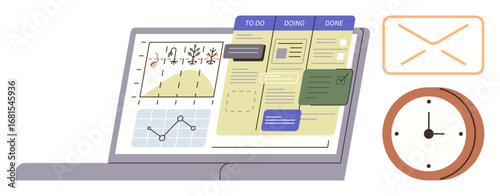 Laptop screen displaying project tracking dashboards, graphs, and task lists alongside a clock and envelope icon. Ideal for productivity, time management, planning, teamwork, analytics, digital