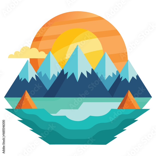 A blue vector illustration of a sailboat on the sea with a mountain and clear sky