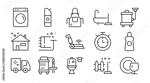 House cleaning linear icon set. Cleaning tools, mop, vacuum, detergent, home care, sanitation, hygiene, dusting, vector outline icon set