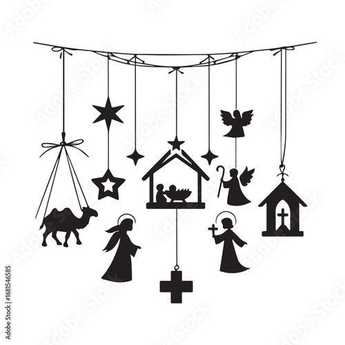 Vector art of nativity scene christmas ornaments including manger, baby jesus, mary, joseph, angel, star, cross, and camel
