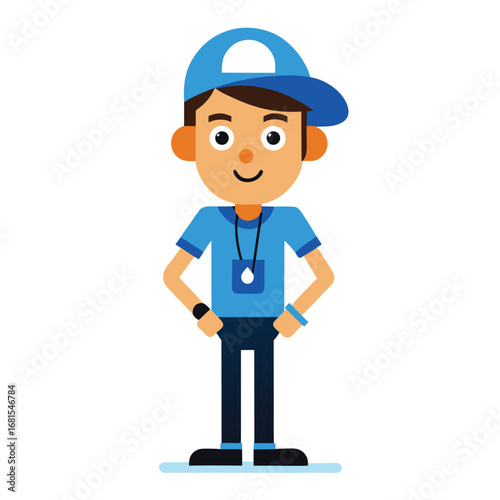Funny cartoon male construction worker with a clipboard and blue uniform