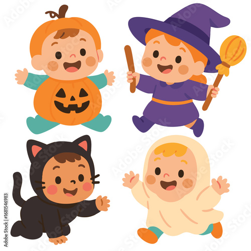 Cute children in pumpkin, witch, cat, and ghost costumes, smiling and playing together joyfully