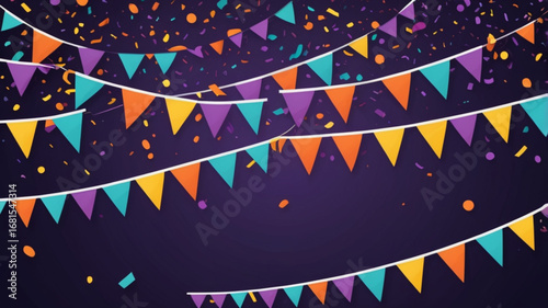 triangle pennants chain and confetti for halloween party color concept. birthday, celebration, carnival, anniversary and decoration.Halloween hanging flag rope illustration
