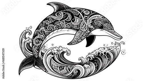 Ornate dolphin leaping through detailed waves