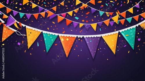 triangle pennants chain and confetti for halloween party color concept. birthday, celebration, carnival, anniversary and decoration.Halloween hanging flag rope illustration
