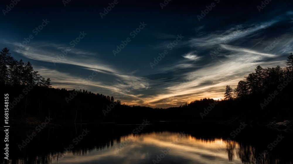 Fototapeta premium Serene lake sunset with mirror-like water reflecting vibrant sky colors,