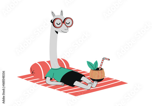 Cute cartoon llama relaxing on a beach blanket enjoying a refreshing drink on a sunny day
