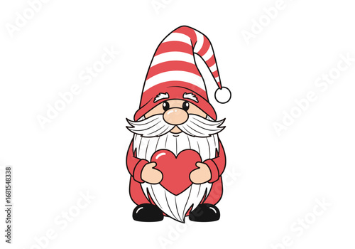 Charming gnome character holding a heart with a striped red hat and white beard