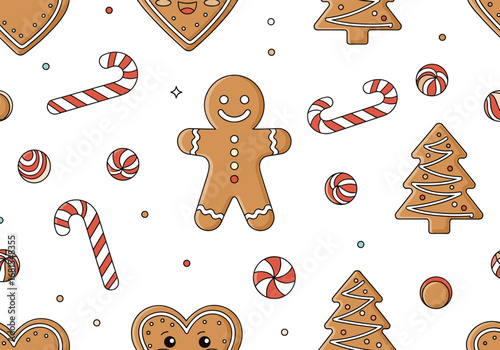 Charming festive holiday cookie pattern with gingerbread men candy canes and trees
