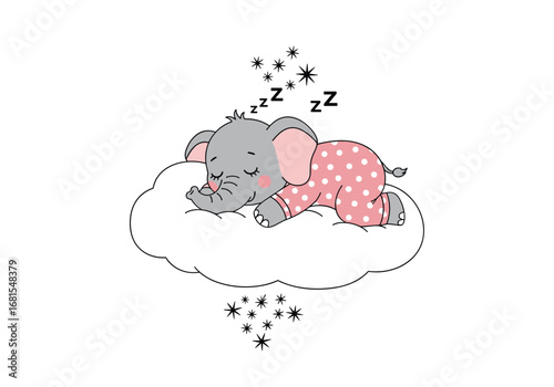 Cute baby elephant sleeping peacefully on a fluffy cloud under starry night sky