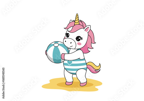 Cute little unicorn playing ball on the beach during summer vacation fun
