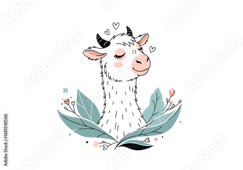 Adorable fluffy cow surrounded by gentle greenery and delicate pink flowers