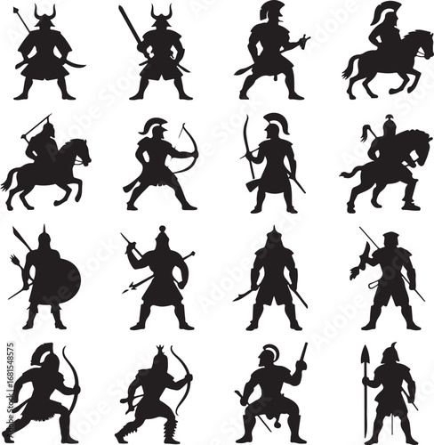 Silhouettes of ancient warriors and horsemen in battle poses soldier samurai