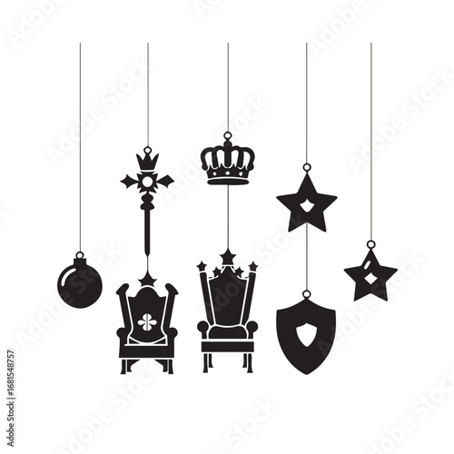Vector art of royal themed hanging decorations including crowns, thrones, scepter, shield, stars, and ball