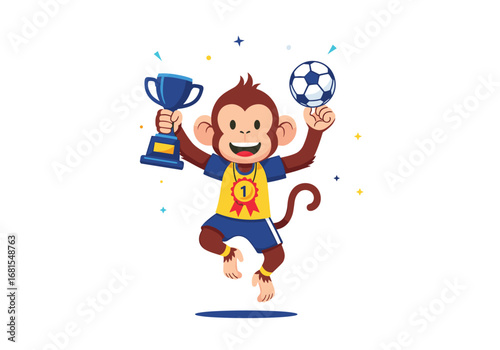 Happy cartoon monkey athlete celebrates winning soccer championship holding trophy and ball