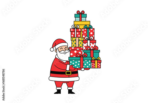 Santa claus holding a large stack of presents for christmas holiday celebrations and festivities