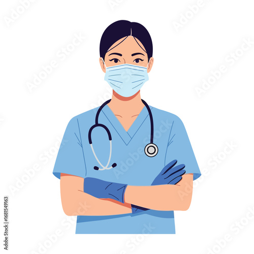 Illustration of a confident female nurse wearing a face mask and gloves with a stethoscope around her neck standing with arms crossed