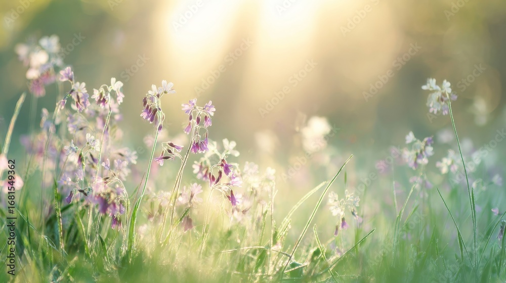 Fototapeta premium A sunlit meadow filled with delicate wildflowers in soft purples and whites, slender stems, lush green grass,