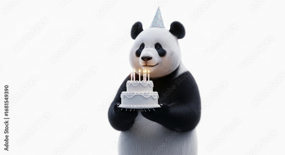 Obraz premium A cheerful panda wearing a party hat holds a white birthday cake with lit candles against a plain white background.