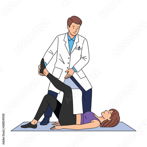 Physical therapist assisting a patient with leg exercises on a mat