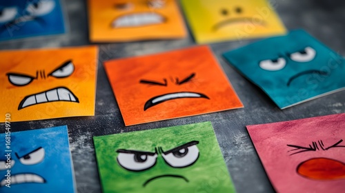 Colorful emotional expression cards anger sadness joy frustration different feelings concept design mood