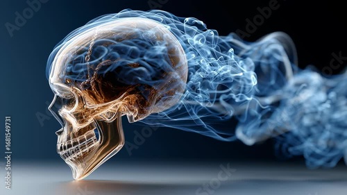 Glass skull with smoke trail. Futuristic abstract 3D illustration for Halloween, sci-fi and dark fantasy designs