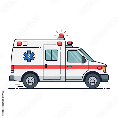 Illustration of an emergency ambulance vehicle with red lights on a white background
