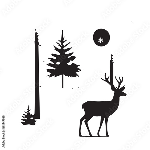 Vector art of silhouette of a deer standing near pine trees and a small sapling with a circular graphic above