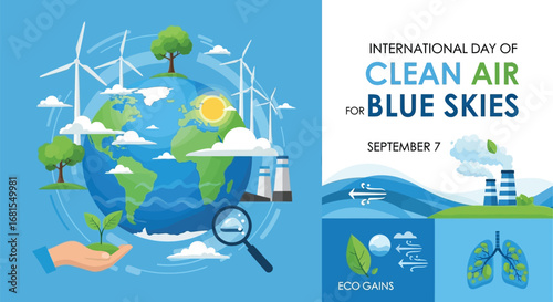 International day of clean air for blue skies illustration with earth and wind turbines and factories