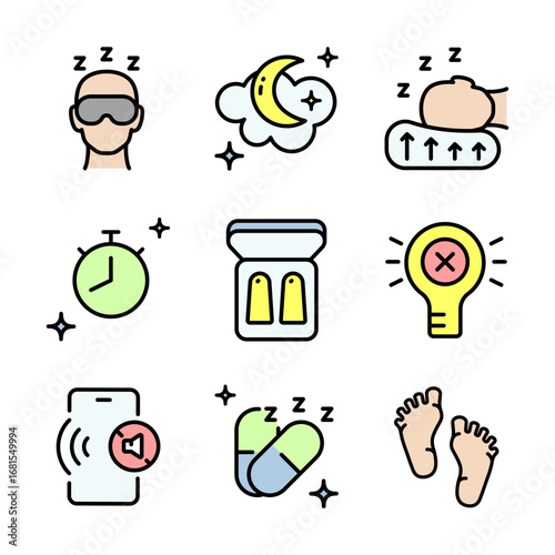 Sleep Hygiene And Nighttime Routine. Personal Sleep Accessories Color Icons Set. Rest, Relaxation, And Sleep Improvement Flat Symbols. Isolated Vector Illustration.
