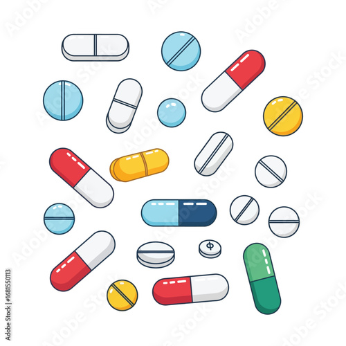 Colorful illustration of various pills and capsules on a white background