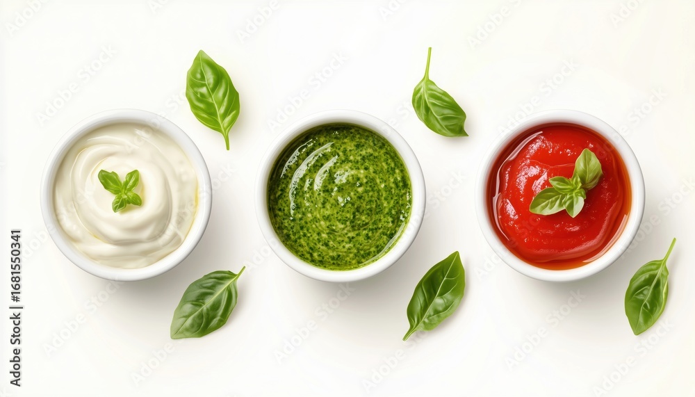 Obraz premium Delicious Dip And Sauce Composition Featuring Pesto Sauce, Mayonnaise, And Tomato Sauce With An Array Of Tasty Ingredients Included.