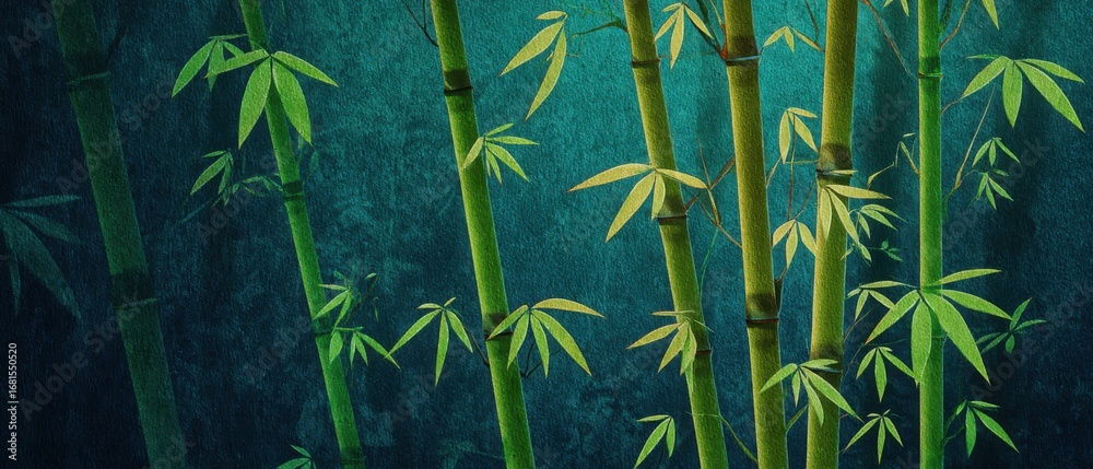 Obraz premium Serene bamboo grove illustration with lush green leaves on textured teal background artistic zen nature scene in Asia