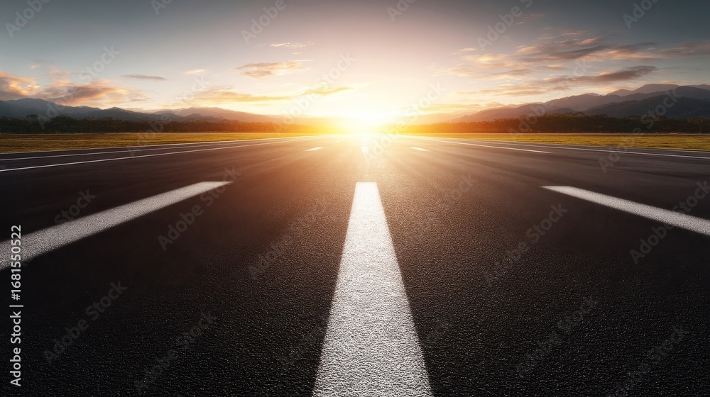 Naklejka premium A serene and clean empty pathway stretches forward, surrounded by lush greenery and bathed in soft natural light,