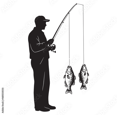 Silhouette of a fisherman holding a fishing rod catching two fish on a white background