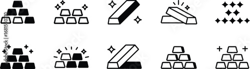 Gold bars icon set, precious metal illustrations, financial wealth symbols, investment and banking design, shiny ingots, simple vector pack