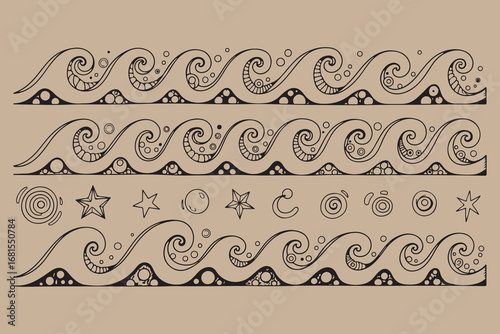 Decorative nautical wave border patterns isolated on transparent background