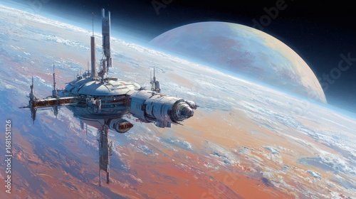 Futuristic spacecraft orbiting a planet