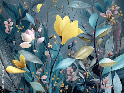 Floral Arrangement with Yellow and Pink Blooms in Teal Foliage Artistic Composition