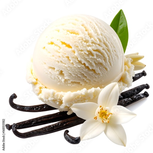 A delectable scoop of vanilla ice cream, accented by fragrant vanilla beans and blossoms, presented against a pure white backdrop.