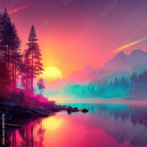 Vibrant Lake Sunset with Mountains and Shooting Stars Landscape Photography Serene Nature Scene