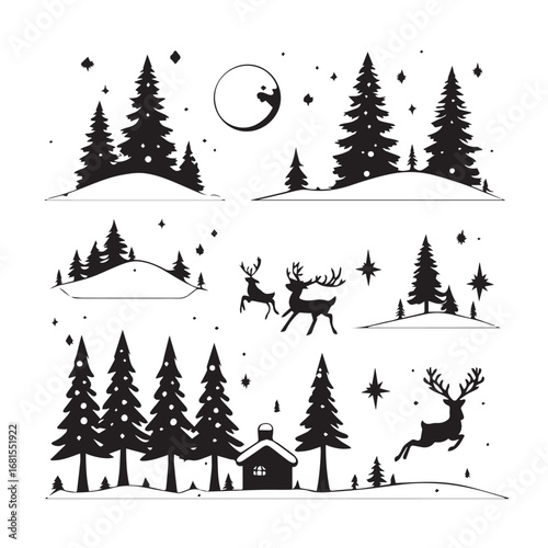 Vector art of winter night scene silhouettes with pine trees, deer, and a moonlit sky