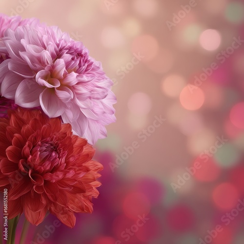 Two dahlia flowers in bloom, pink and red, close-up shot, soft focus, bokeh background, studio shot, floral art